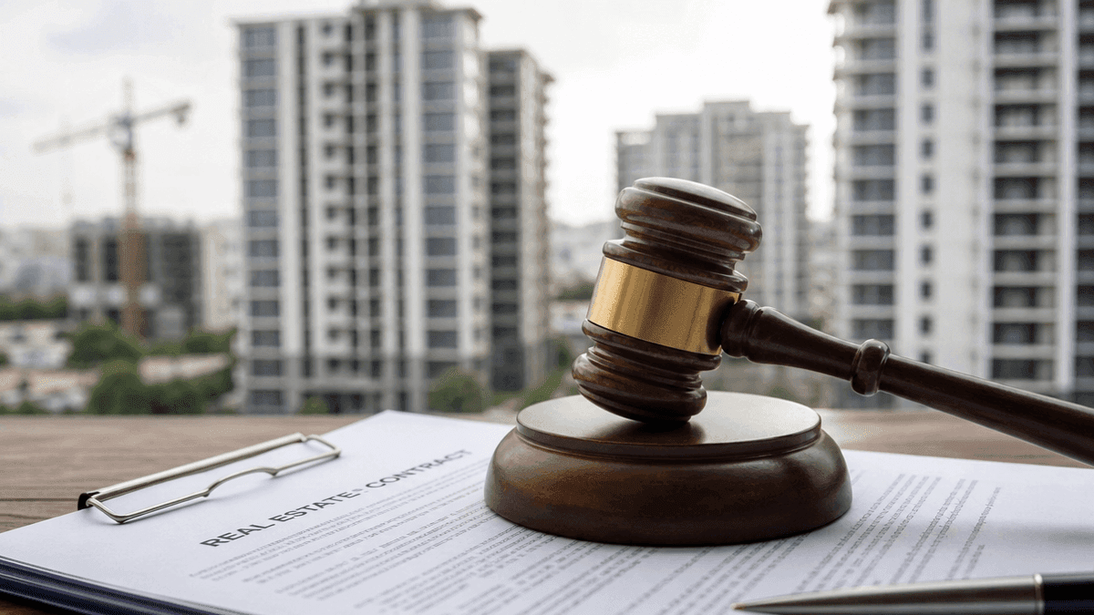 A wooden gavel rests on a real estate contract with a blurred apartment building in the background.