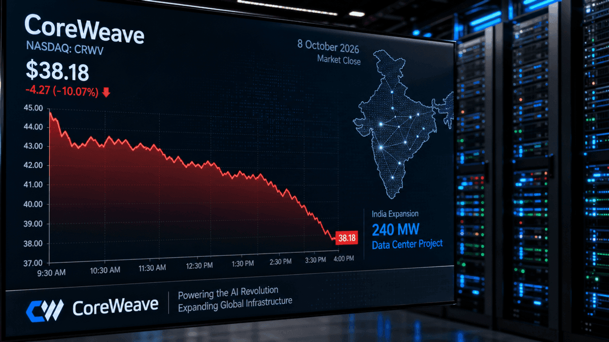 A digital stock market graph showing a downward trend line over a background of server racks and a map of India.