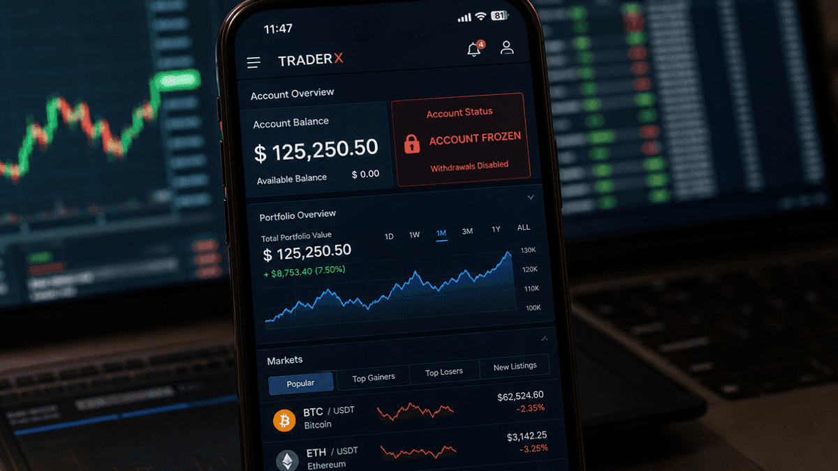 A close-up of a smartphone screen showing a digital trading dashboard with an account status and red warning icons.