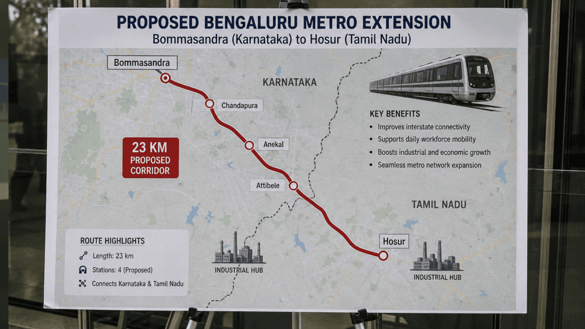 A map illustration showing the proposed 23-kilometer Bengaluru Metro extension connecting Bommasandra and Hosur.
