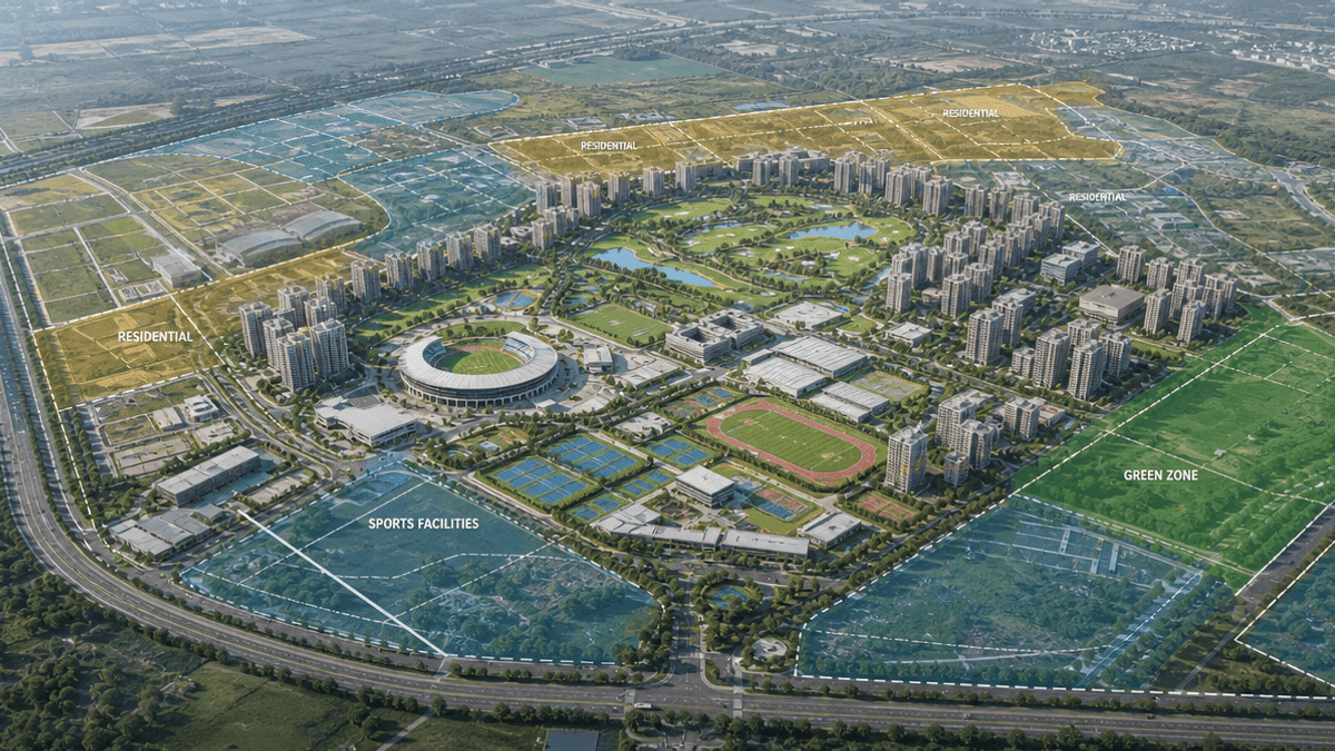 An aerial rendering of a planned urban development featuring sports facilities, green spaces, and residential buildings.
