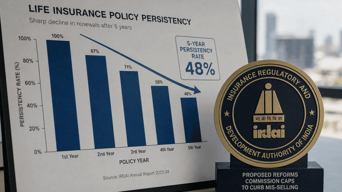 A bar chart showing a sharp decline in life insurance policy renewals after five years, with a regulatory seal overlay.