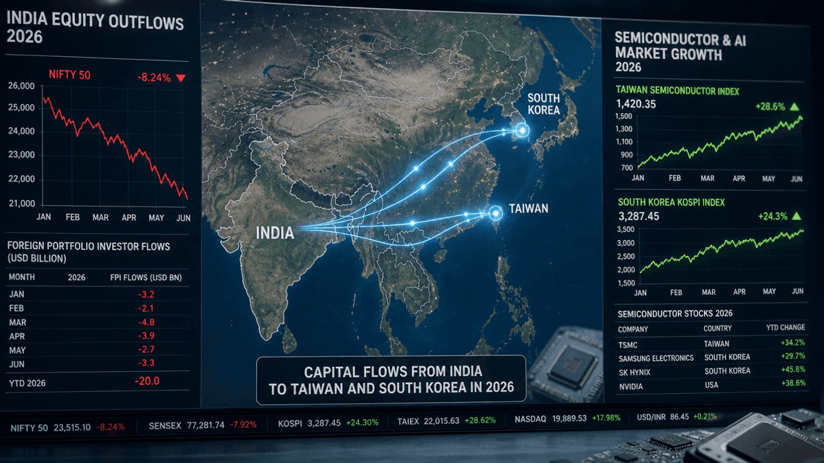 A digital map shows financial data lines moving from India toward Taiwan and South Korea alongside stock market graphs.