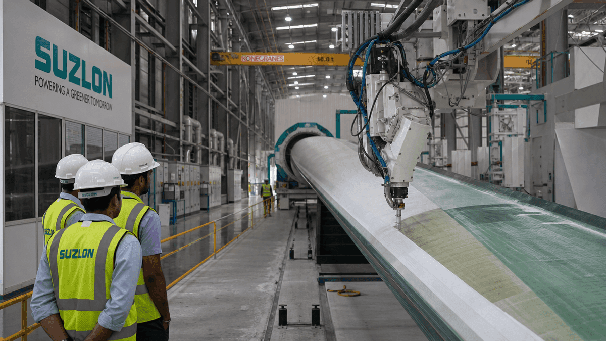 Robotic arms manufacture large wind turbine blades inside a factory with workers observing the process.