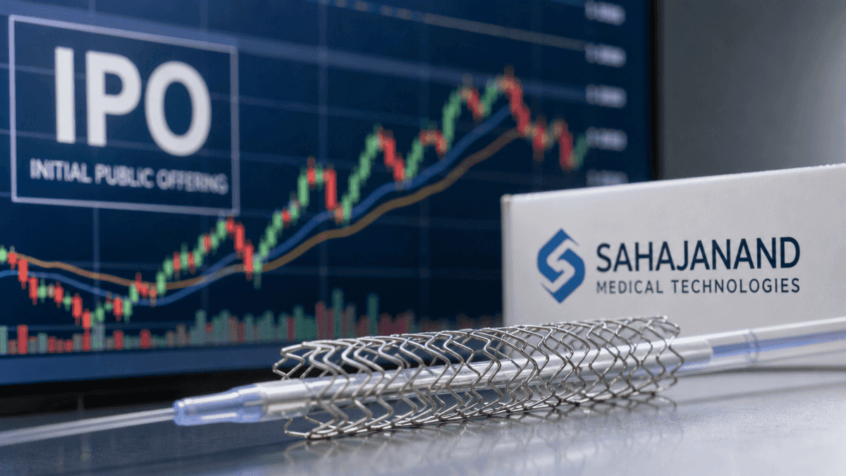 A digital graphic showing a medical stent next to a stock market line graph.