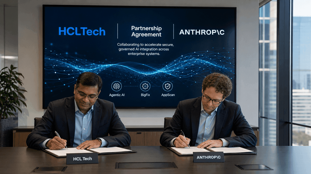 A digital graphic showing HCL Tech and Anthropic logos connected by glowing data lines over a stylized code interface.