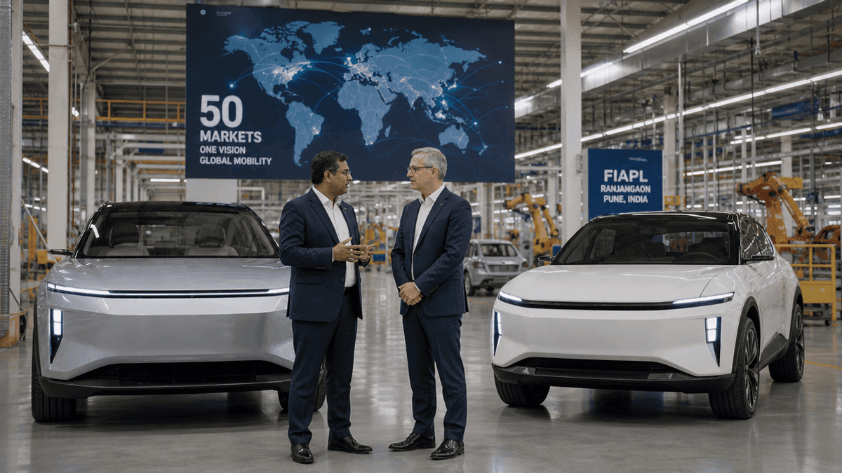 Two executives stand in a modern automotive factory, with assembly lines and vehicle chassis visible in the background.