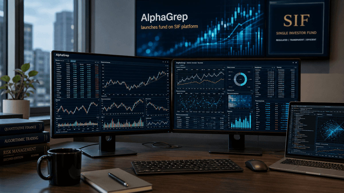 A desk with monitors displaying charts, data visualizations, and trading patterns in an office.