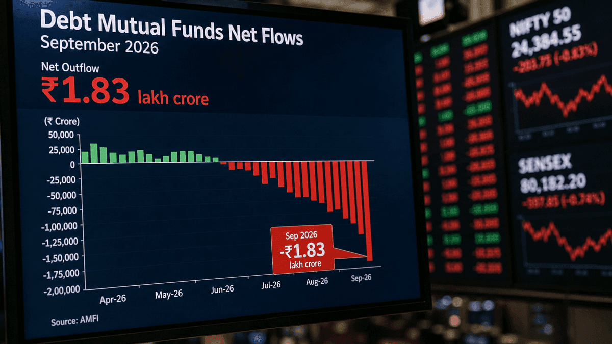 A digital financial chart displays a sharp downward trend in red, representing massive capital outflows from debt funds.