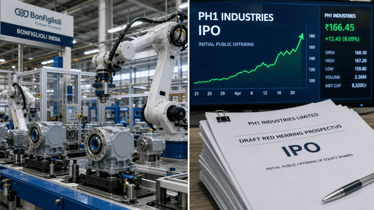 A split image showing a robotic assembly line on the left and a stock market graph on the right.
