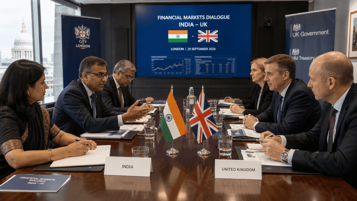 Indian and British officials sit at a conference table with national flags, discussing financial documents in a London office.
