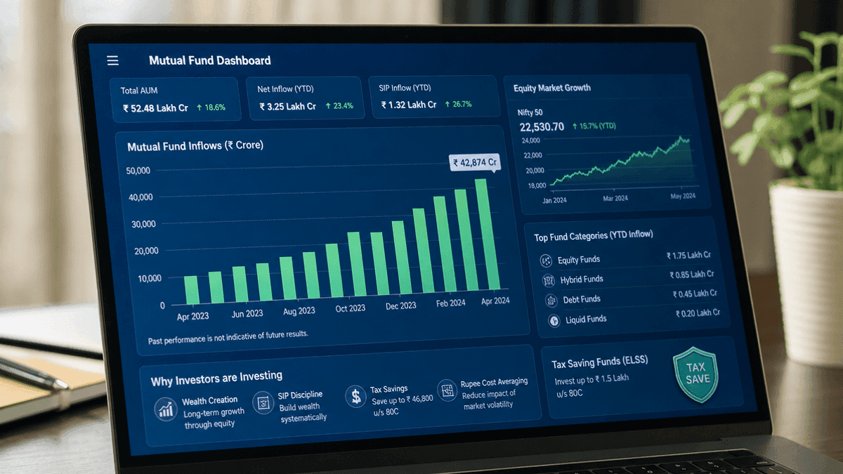 A digital screen shows a bar chart with rising bars representing mutual fund inflows and financial growth metrics.