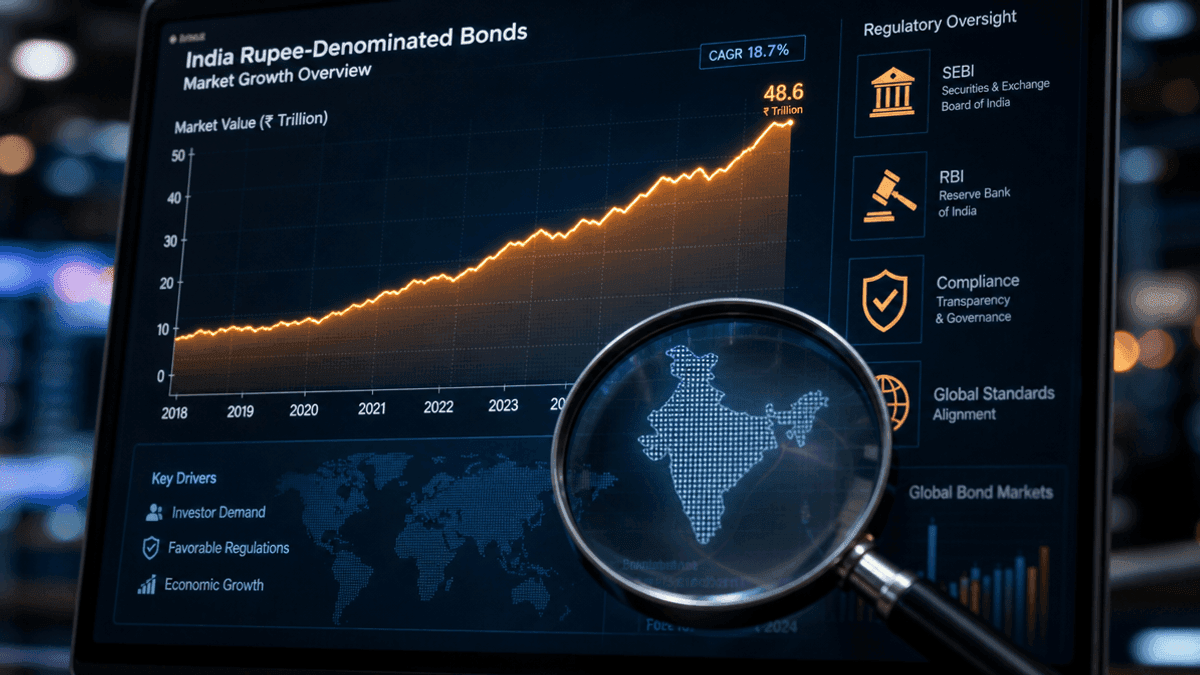 A digital financial chart shows an upward trend line with a magnifying glass icon overlaying a map of India.