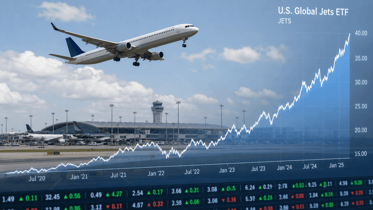 A jet flying over a line graph representing industry performance.