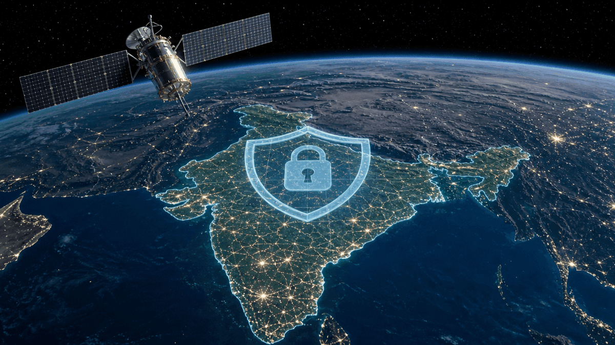 A satellite orbits above a digital map of India featuring a translucent security shield icon overlaid on the country.