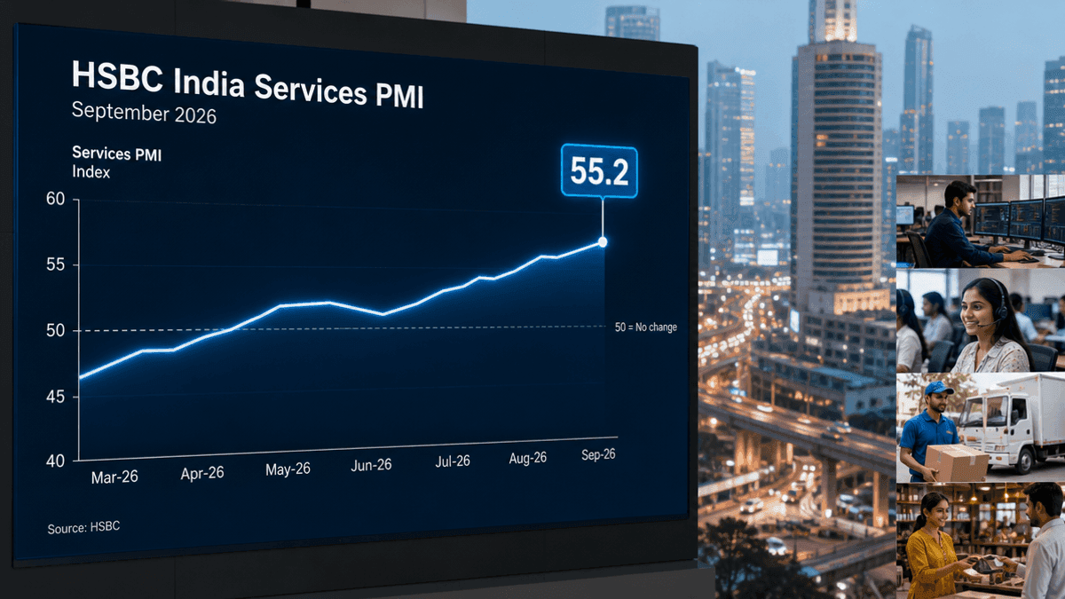 A digital chart displaying an upward trend line representing the HSBC India Services PMI index value of 55.2.