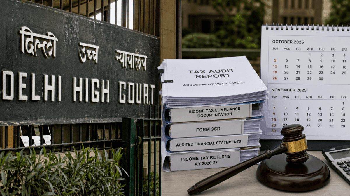The Delhi High Court building facade next to a stack of tax audit reports and a calendar showing October and November dates.