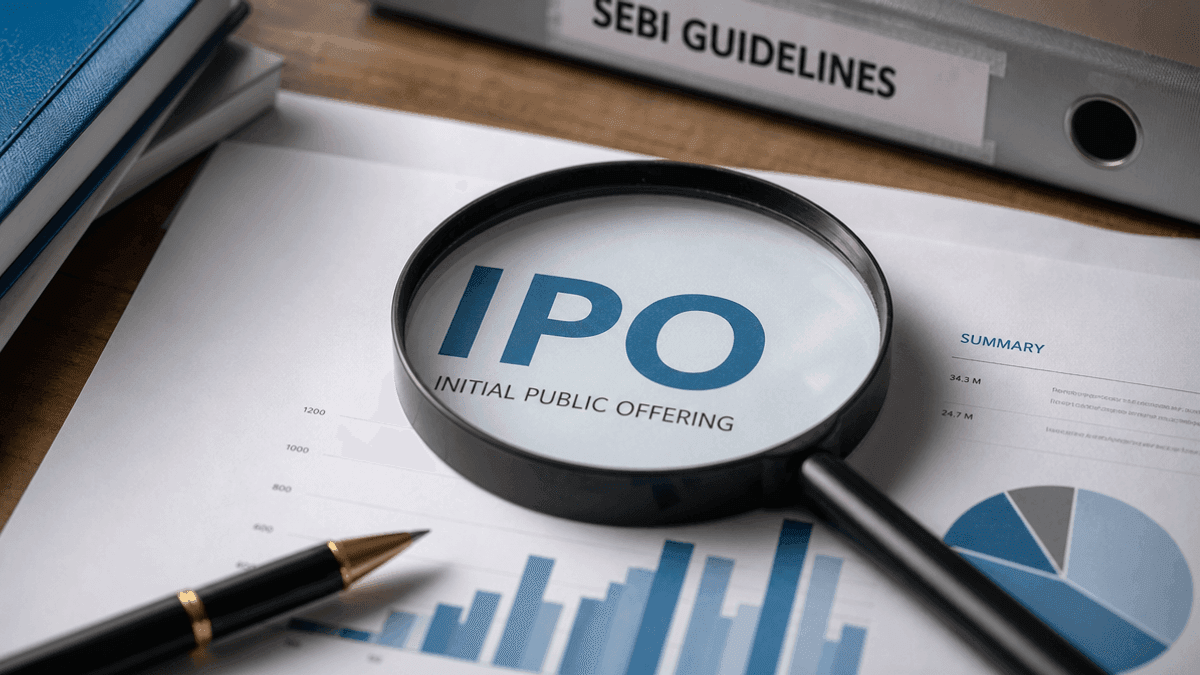 A close-up of a document labeled IPO with a magnifying glass resting on top, symbolizing regulatory review.