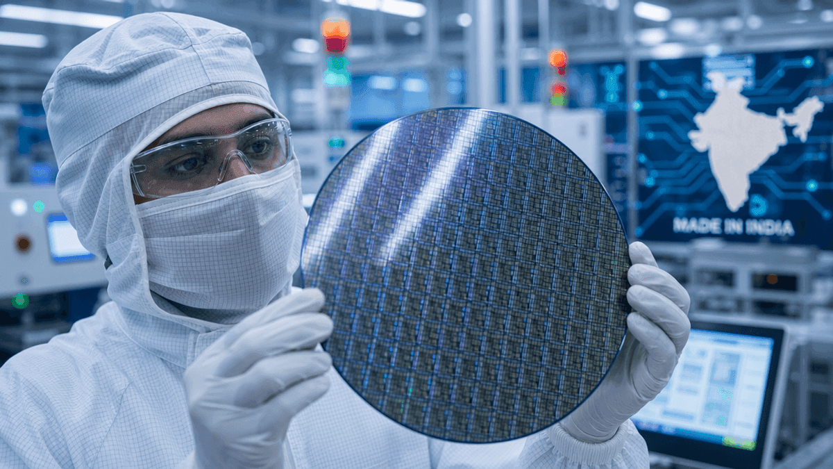 A close-up view of a technician holding a silicon wafer in a clean room, with circuit patterns visible on the surface.
