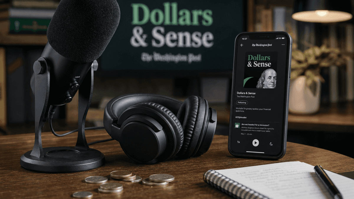 A studio microphone and headphones sit on a desk next to a smartphone displaying a podcast app.