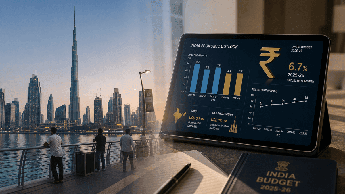 A tablet shows data charts next to a view of the Dubai skyline.