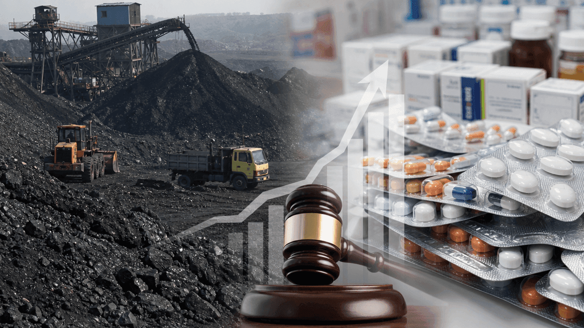A split image showing raw coal piles at a mining site on the left and pharmaceutical blister packs on the right.