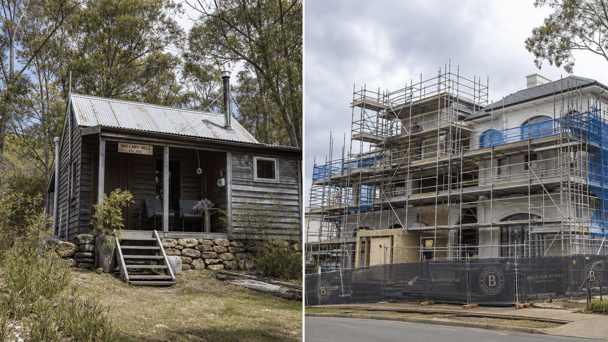 A split-screen photo showing a cabin on the left and a mansion with scaffolding on the right.