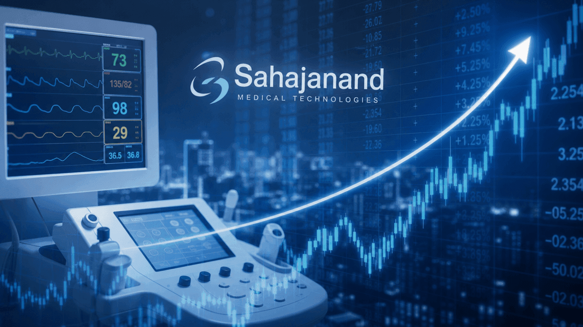 A digital graphic showing financial charts and medical device silhouettes against a blue background.