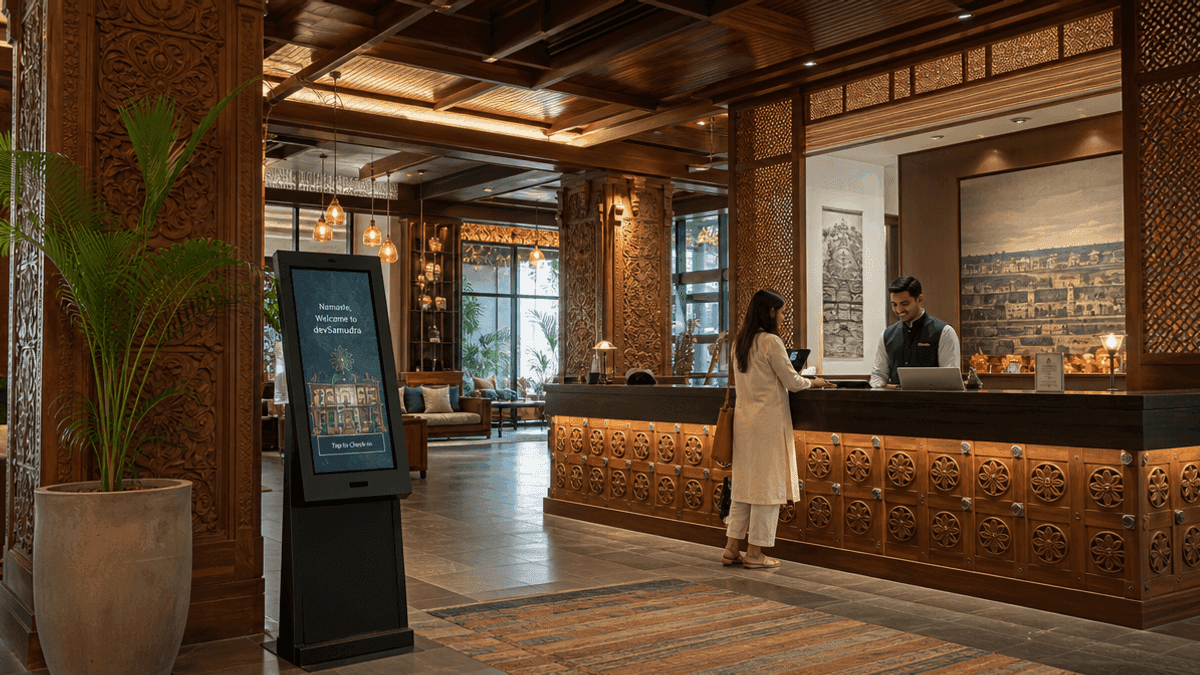 A contemporary hotel interior in India with intricate wooden carvings, warm lighting, and a digital check-in kiosk.