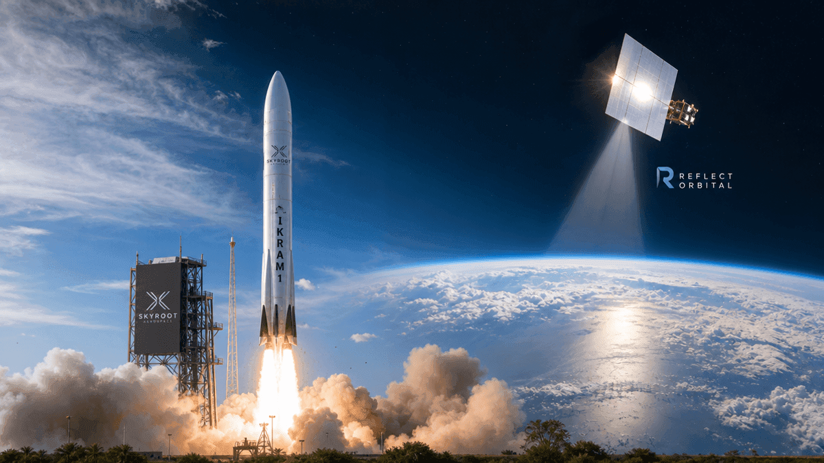 A Vikram-1 rocket ascends from a launchpad with a Reflect Orbital satellite visible in the orbit above.
