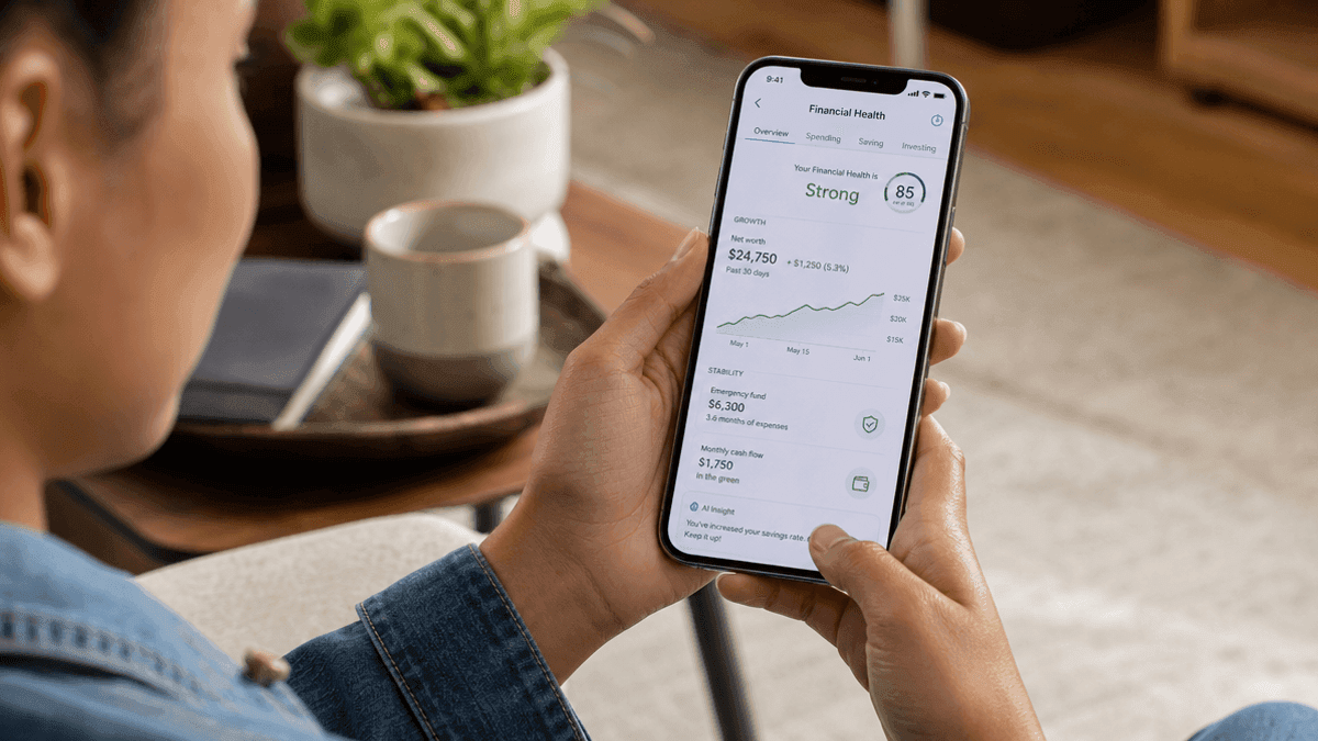A person holds a smartphone displaying a financial health dashboard with growth charts and stability metrics.