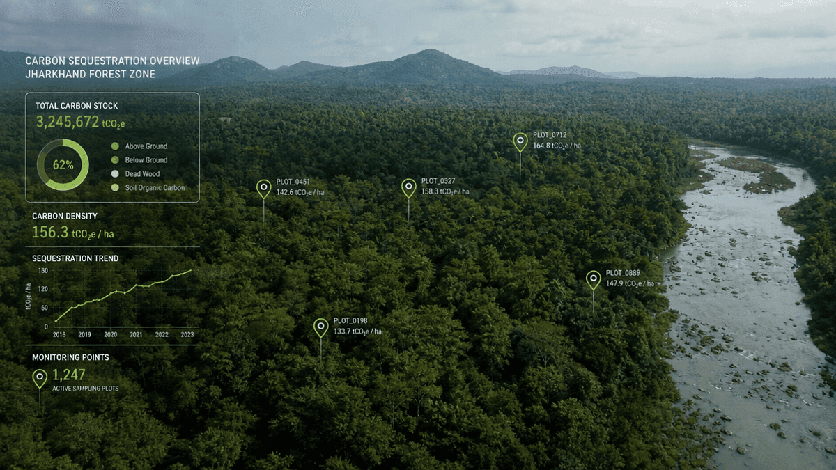 A view of a dense forest in Jharkhand with a digital overlay showing carbon sequestration data points.