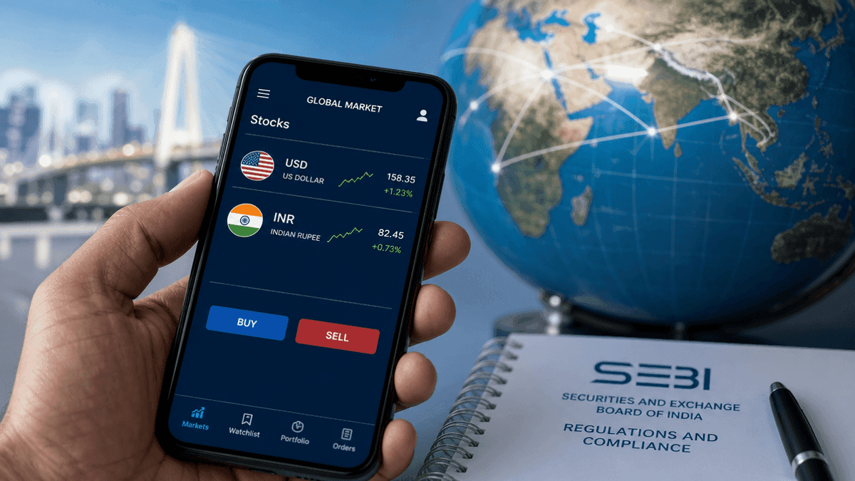 A smartphone screen shows a trading app with dollar and rupee symbols against a background of a globe.
