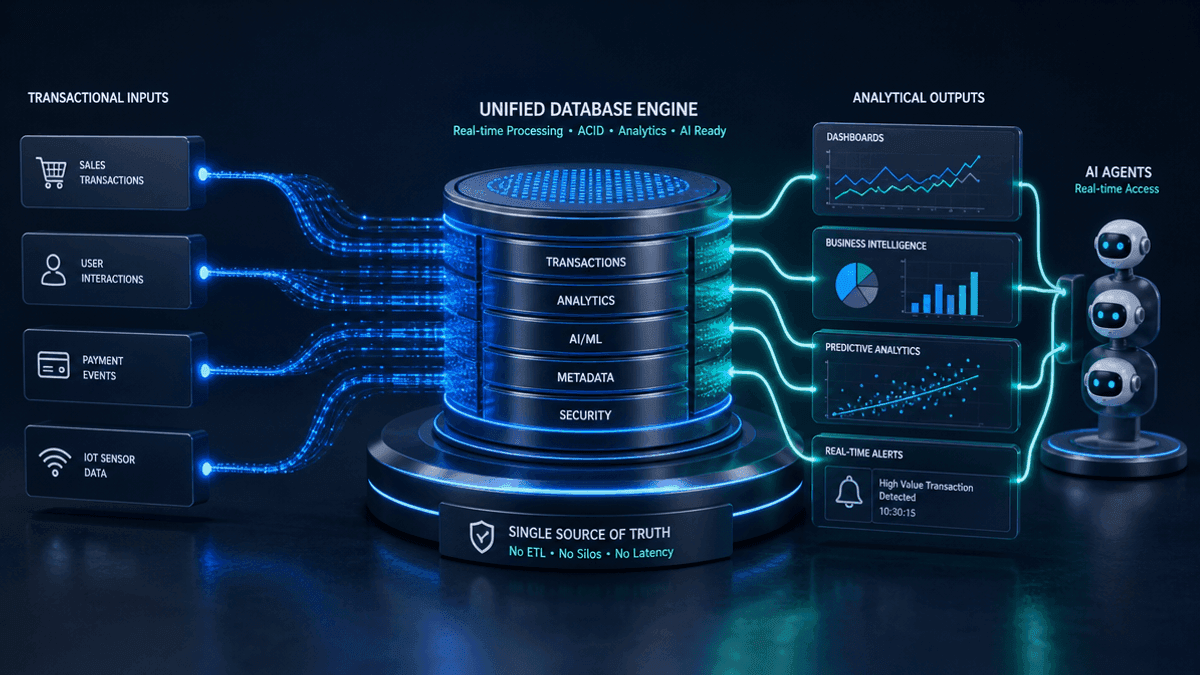 A 3D graphic showing a central data hub connecting transactional input streams and analytical output charts.