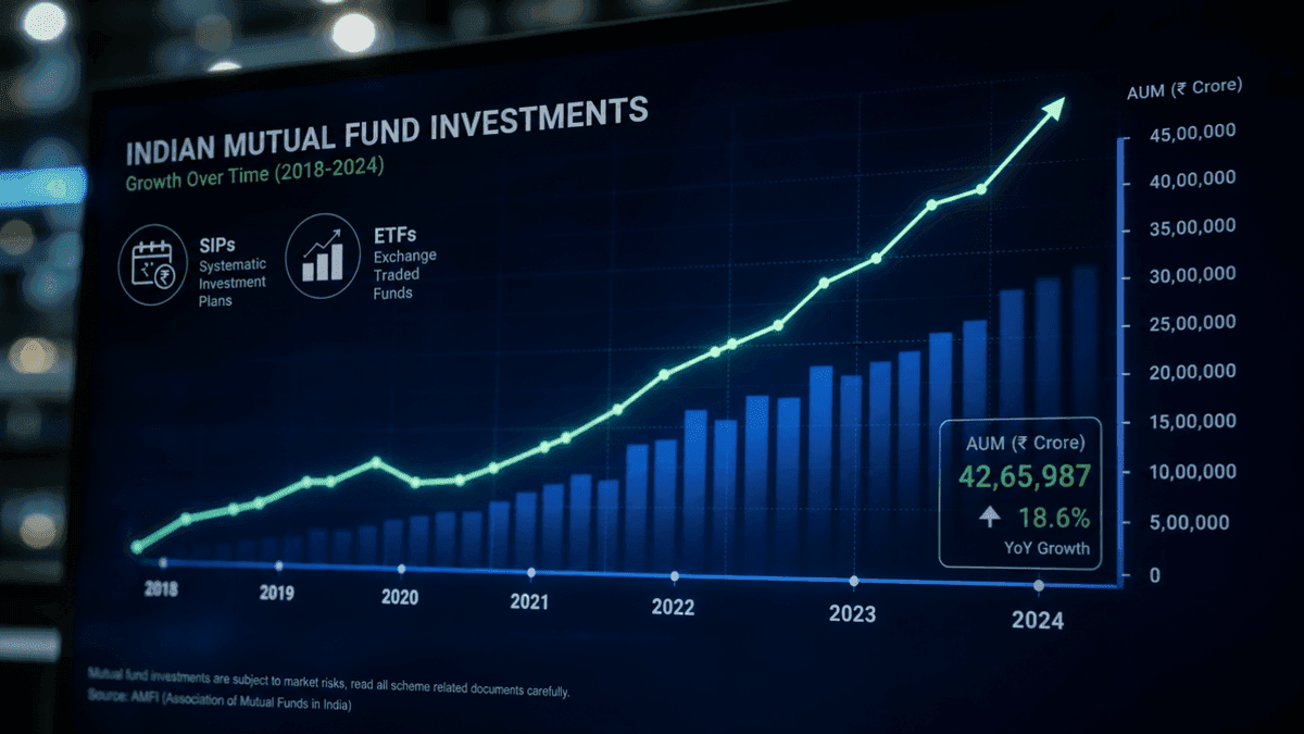 A digital line graph rising against a blue background, representing growth in Indian mutual fund investments.