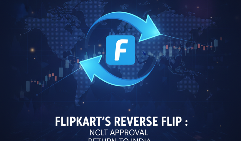A professional graphic representing Flipkart's return to India, featuring a prominent 'F' logo, reverse arrows, and market charts.
