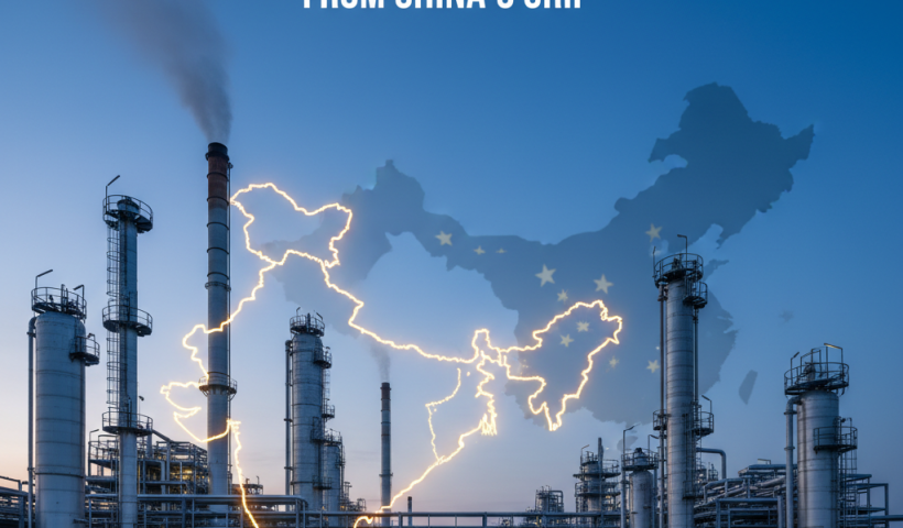 A professional image depicting an Indian chemical plant with a glowing map of India superimposed, overshadowing a faded map of China.
