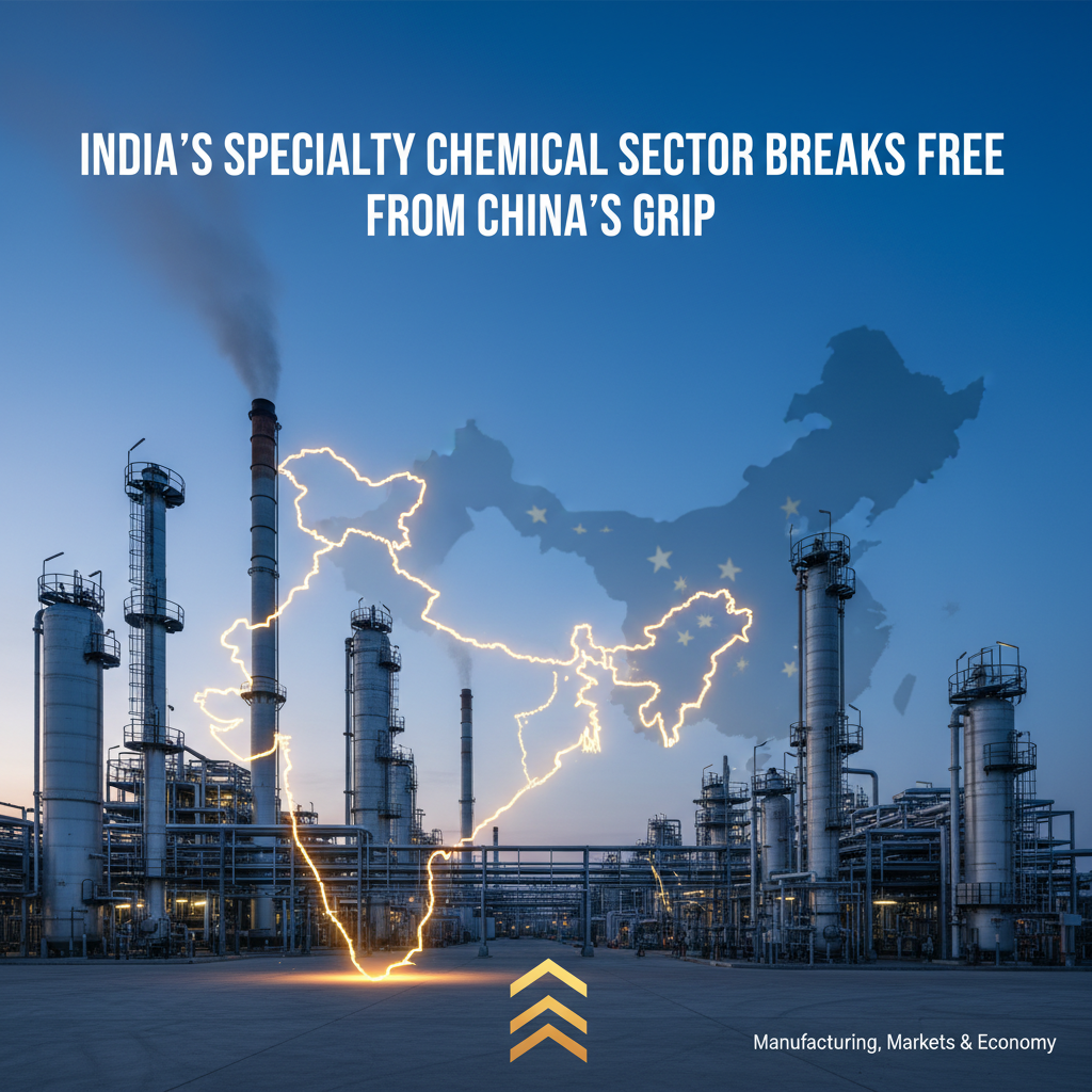 A professional image depicting an Indian chemical plant with a glowing map of India superimposed, overshadowing a faded map of China.