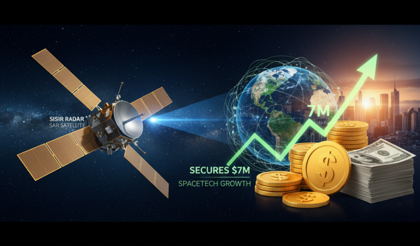 A satellite orbits Earth with data connections, alongside stacks of gold coins, cash, and an upward trending arrow.