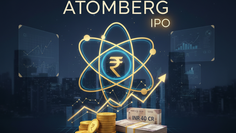 A stylized graphic representing Atomberg's financial growth with a glowing atom, Indian Rupee symbol, currency, and upward graphs.