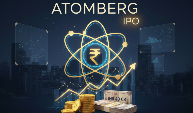 A stylized graphic representing Atomberg's financial growth with a glowing atom, Indian Rupee symbol, currency, and upward graphs.
