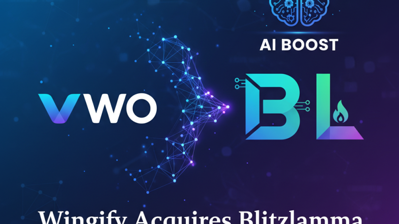 A visual representation of the acquisition, with the VWO logo connecting to the BL (Blitzllama) logo via a neural network. An AI brain icon is above.