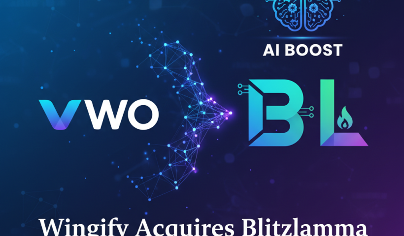 A visual representation of the acquisition, with the VWO logo connecting to the BL (Blitzllama) logo via a neural network. An AI brain icon is above.