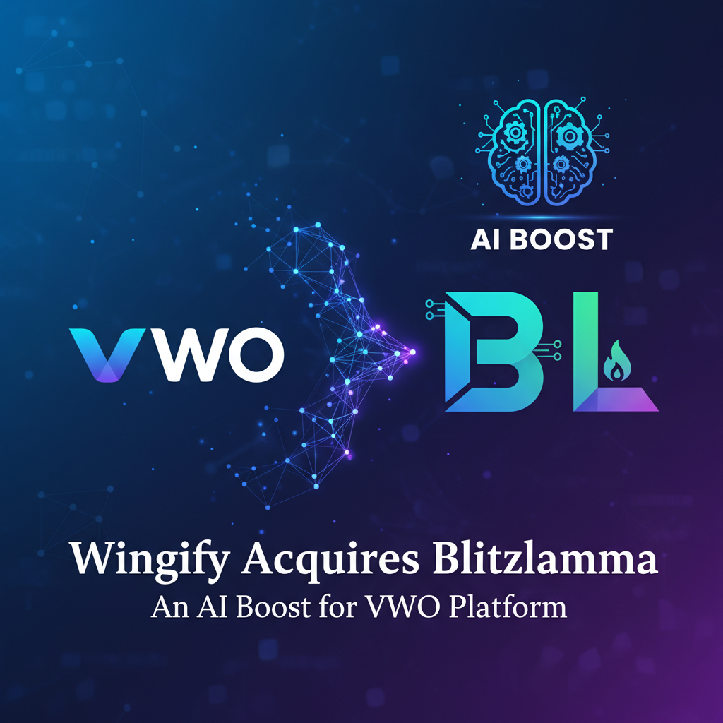 A visual representation of the acquisition, with the VWO logo connecting to the BL (Blitzllama) logo via a neural network. An AI brain icon is above.