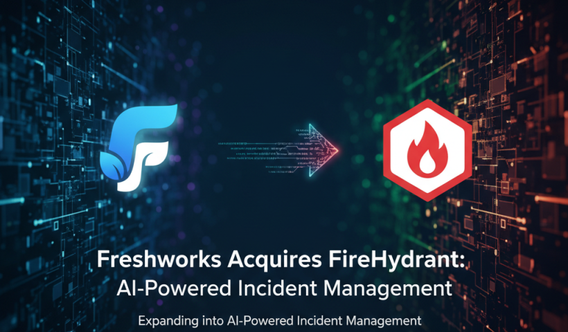 Digital illustration showing Freshworks and FireHydrant logos connected by data streams, symbolizing an acquisition in AI-powered incident management.