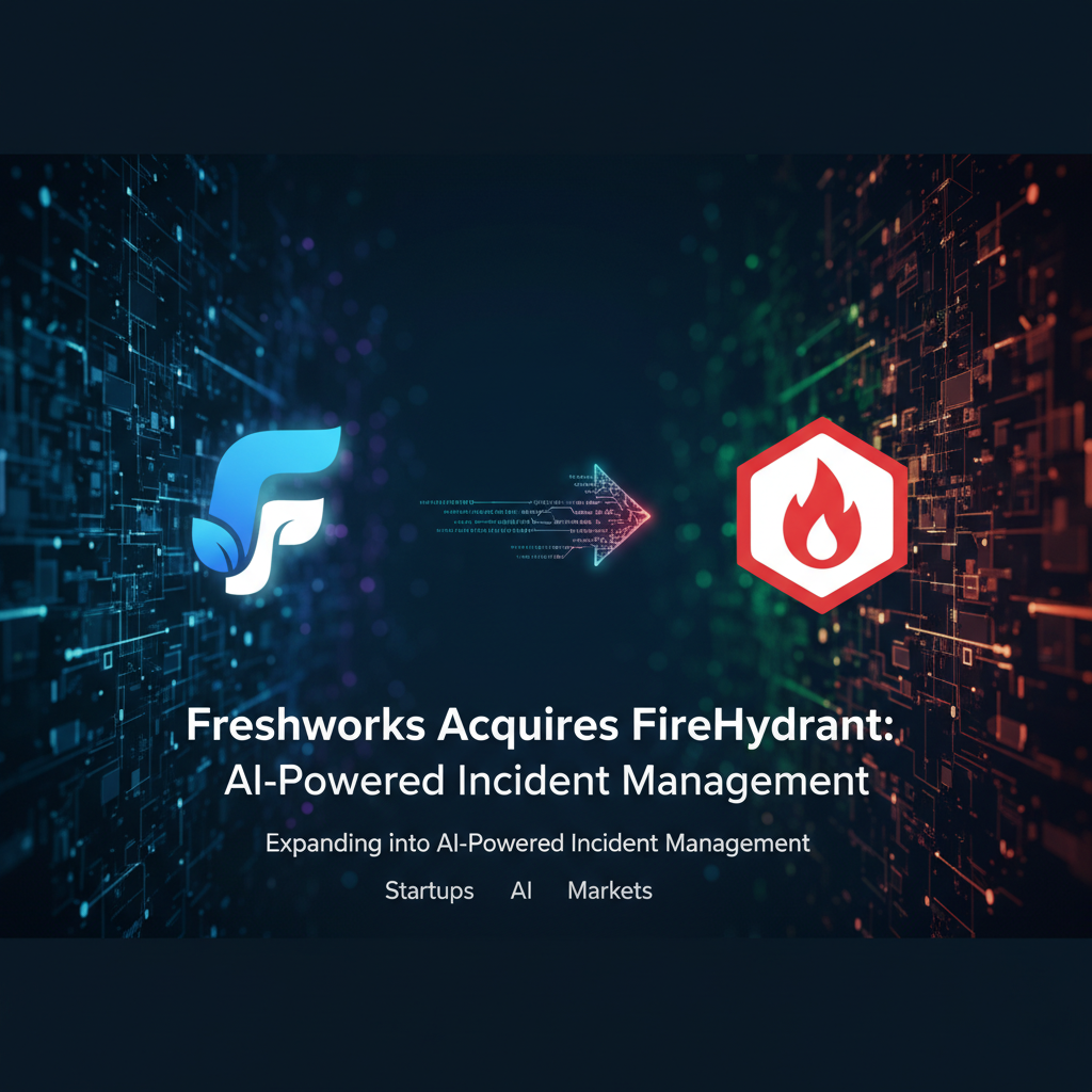 Digital illustration showing Freshworks and FireHydrant logos connected by data streams, symbolizing an acquisition in AI-powered incident management.