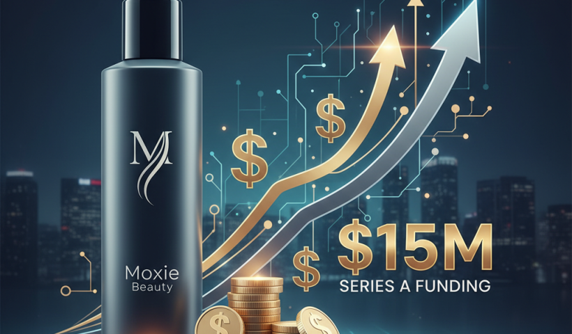 A sleek Moxie Beauty product bottle alongside coins and a financial growth chart, signifying $15M Series A funding.