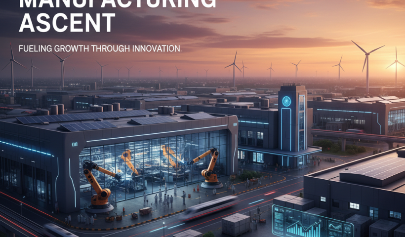 An aerial view of a futuristic Indian manufacturing hub with robotics, smart technology, and renewable energy.