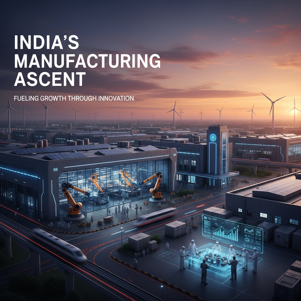 An aerial view of a futuristic Indian manufacturing hub with robotics, smart technology, and renewable energy.