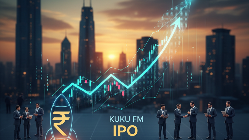 A professional image depicting a booming Indian startup market with a rocket icon and upward trending financial charts.